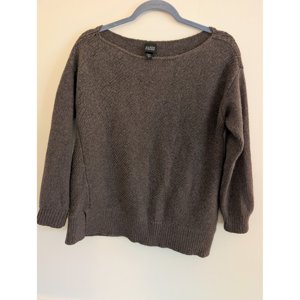 Eileen Fisher Wool Blend Italian Yarn Ribbed Boat Neck Sweater Brown Large